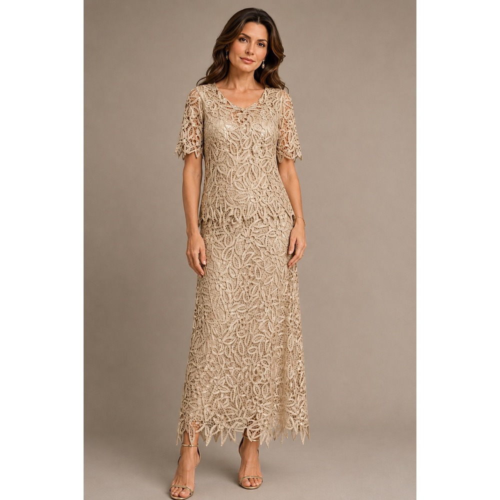 Soulmates‎ Silk Handcrafted Lace 2 Piece Dress Set Champagne Gold Womens Medium